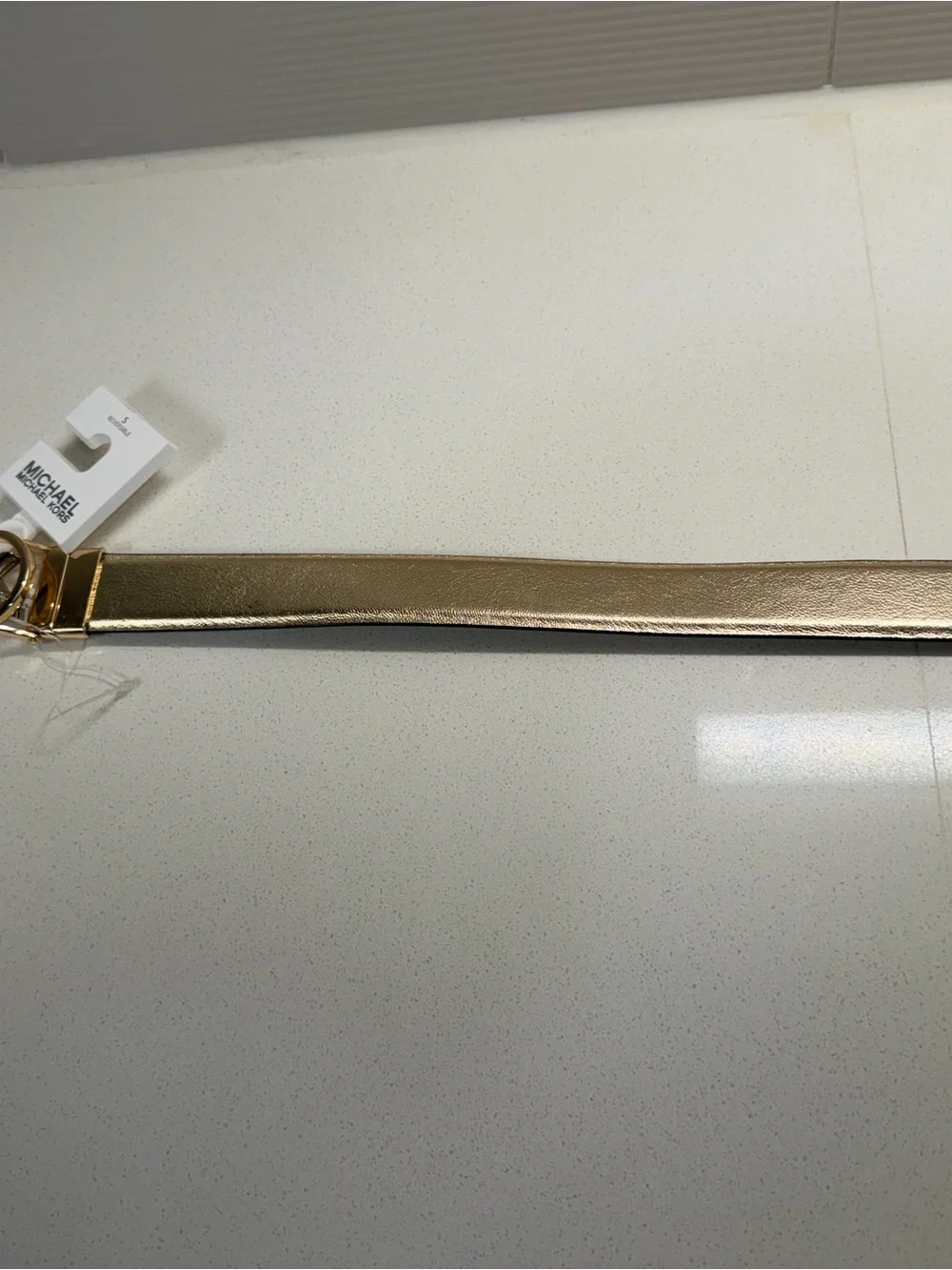 Michael Kors gold  Leather Belt with Gold and silver MK Round Buckle